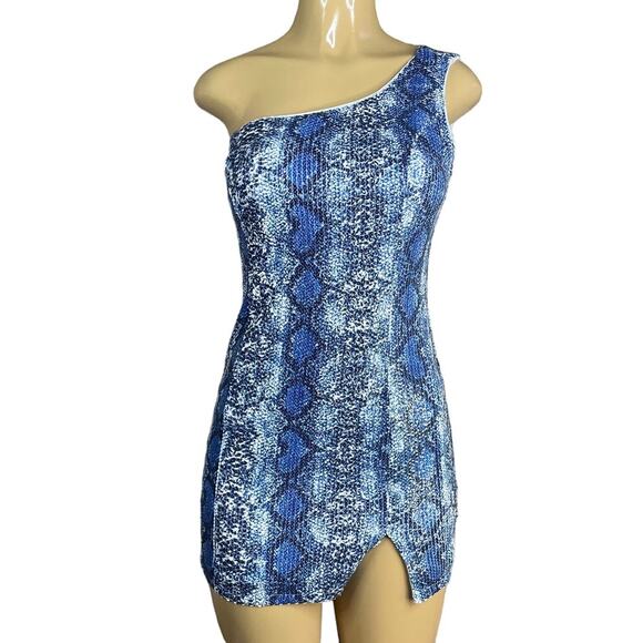 Superdown Renee Mini Dress Blue Snake Print Sequin One Shoulder Size Medium - Picture 1 of 10